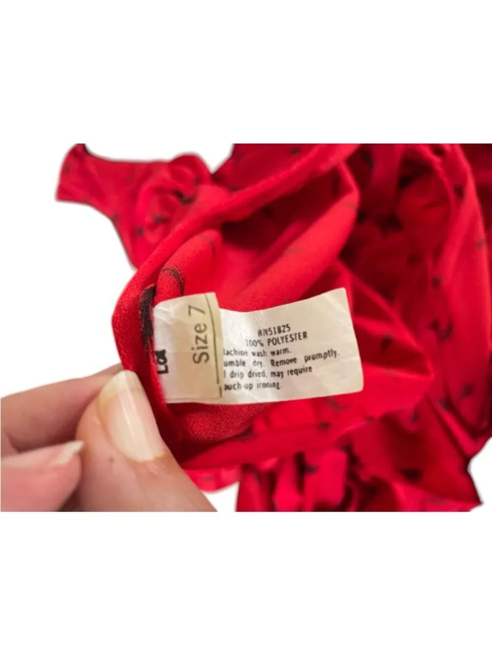 Vintage 80s Red Peplum Midi Dress | Black Leaf Print | Puff Shoulders | S Retro - Picture 11 of 13